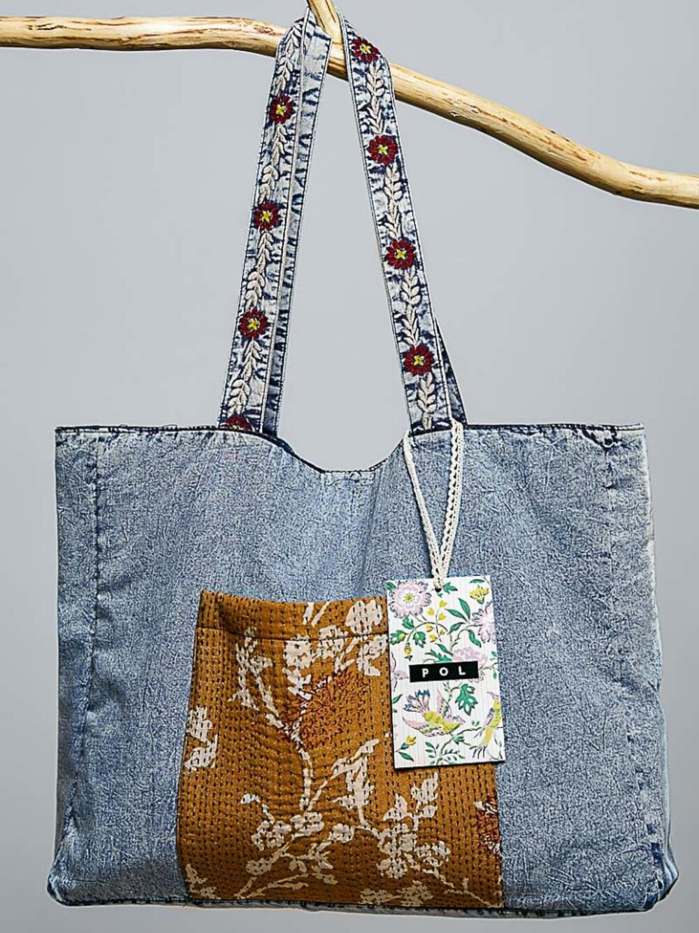 POL Denim Cotton Textured Woven Tote Shoulder Bag Large Travel NWT